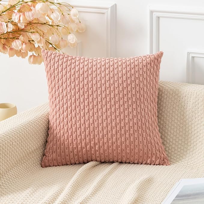 Kevin Textile Throw Pillow Covers Soft Corduroy Decorative Set of 2 Boho Striped Pillow Covers Valentines Day Pillowcases Farmhouse Home Decor for Couch Bed Sofa Living Room 22x22 Inch Baby Pink