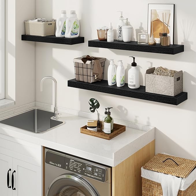 fuqing Floating Shelves for Wall, Wall Mounted Wood Floating Shelf with Invisible Brackets for Living Room, Bathroom, Bedroom, Kitchen Storage and Decor, 55 Inch Set of 2, Black