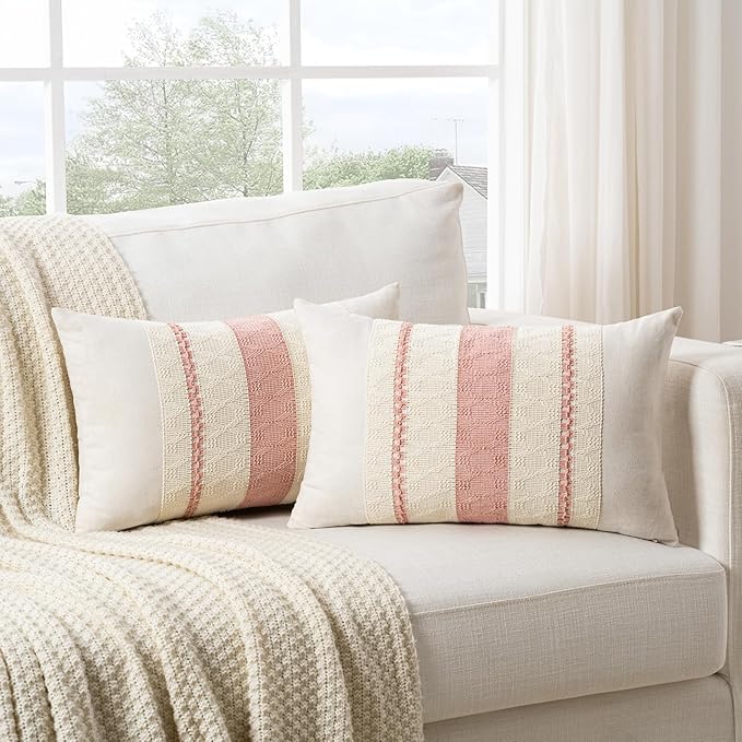 Fancy Homi Set of 1 Boho Pink Long Lumbar Decorative Throw Pillow Cover 14x24 Inch for Couch Bed Sofa Chair, Modern Organic Farmhouse Home Decor, Soft Cotton Cute Accent Rectangle Cushion Case