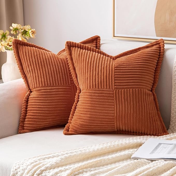 MIULEE Rust Fall Decorative Throw Pillow Covers for Couch Bed Livingroom 16x16 Inch Set of 2 Boho Accent Throw Pllows Broadside Striped Patchwork Soft Corduroy Pillowcases