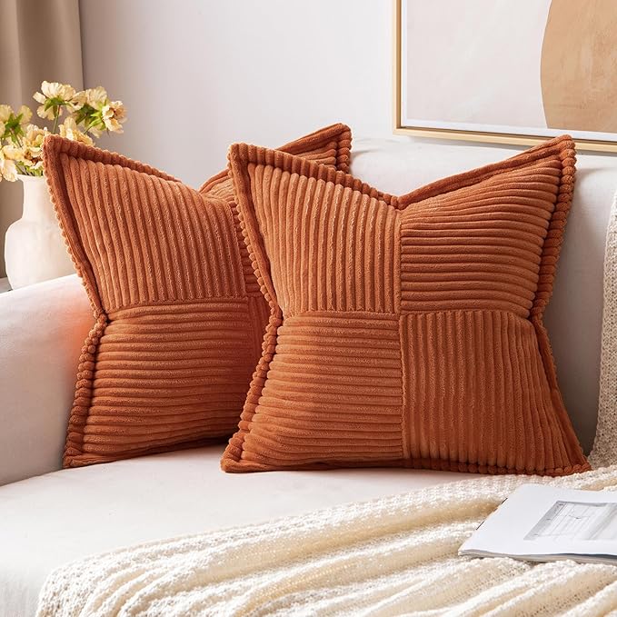 MIULEE Rust Fall Decorative Throw Pillow Covers for Couch Bed Livingroom 12x12 Inch Set of 2 Boho Accent Throw Pllows Broadside Striped Patchwork Soft Corduroy Pillowcases