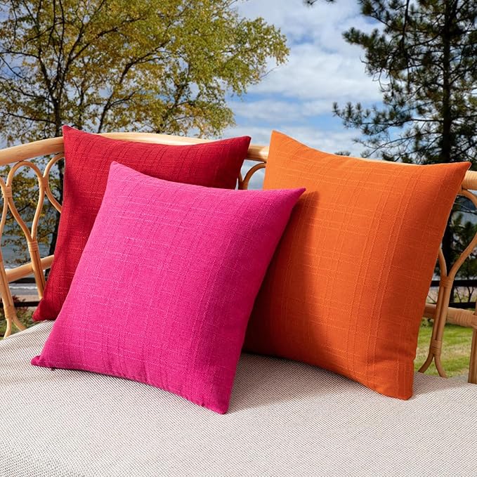 Kevin Textile Fall Outdoor Waterproof Throw Pillow Covers Decorative Farmhouse Water Resistant Checkered Cushion Covers for Tent Patio Garden Couch Sofa Pack of 2 (24x24 Inch Orange)