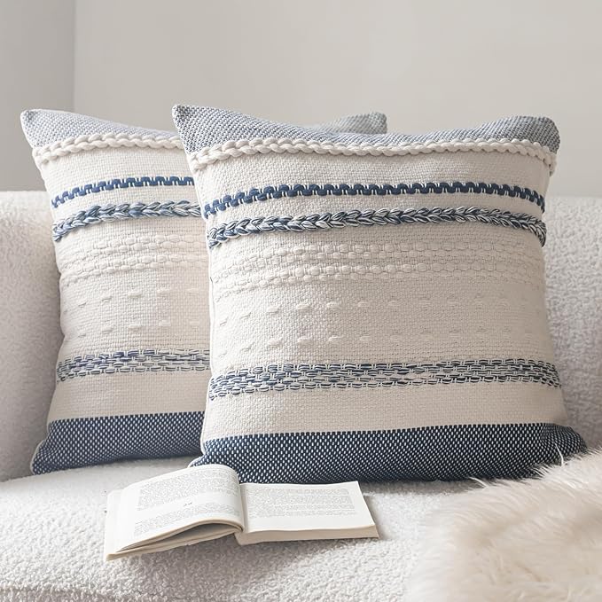 Boho Throw Pillow Covers 18x18 Inch Set of 2, Navy Blue Textured Decorative Couch Pillow Cases for Farmhouse Home Decor, Accent Cushion Cover for Sofa, Bed, Living Room, Bedroom