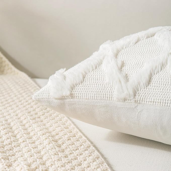 Set of 2 Soft Moroccan Throw Pillow Covers 12x20 Inch Plush Boho Decorative Pillow Cover Accent Cushion Case for Couch Sofa Bed, Cream White