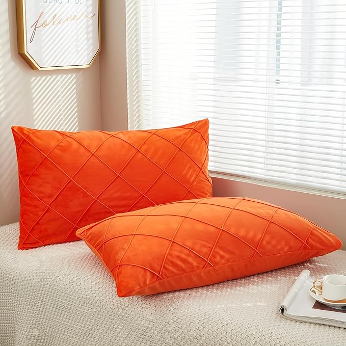JAUXIO Diamond Pinch Pleated Crystal Velvet Pillowcases 2 Pack Solid Pintuck Throw Cushion Cover for Home Decor Hidden Zipper Closure (Bright Orange, King)