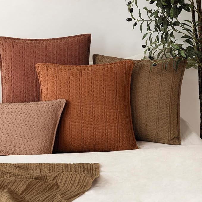 Foindtower Set of 2 Decorative Cotton Waffle Weave Lumbar Throw Pillow Covers Euro Shams Cushion Covers Accent European Pillowcase for Bed Couch Bedroom Living Room Home Decor 12×20 Inch Burnt Orange