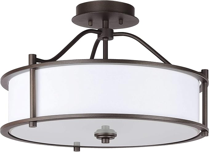 XiNBEi Lighting Semi Flush Mount Ceiling Light 18 Inch 3 Light Close to Ceiling Light with Fabric Shade and Frost Glass Diffuser in Dark Bronze Drum Semi Flush Light XB-SF1199-DB