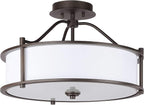 XiNBEi Lighting Semi Flush Mount Ceiling Light 18 Inch 3 Light Close to Ceiling Light with Fabric Shade and Frost Glass Diffuser in Dark Bronze Drum Semi Flush Light XB-SF1199-DB