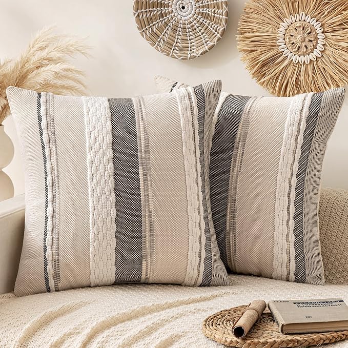 ANRODUO Pack of 2 Boho Decorative Throw Pillow Covers 18x18 Farmhouse Cushion Case Striped Chenille Pillow Cases Square Pillow Covers Accent Neutral Pillowcase for Sofa Couch Bed Fall, White Stripe