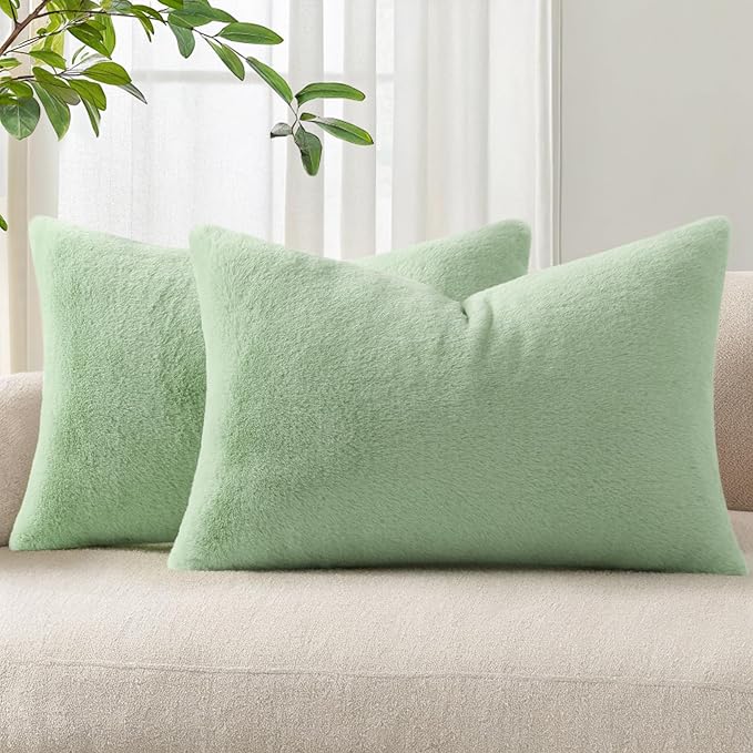 Pallene Faux Fur Plush Lumbar Throw Pillow Covers 12x20 Set of 2, Soft Fluffy Couch Pillow Covers for Living Room, Sage Green