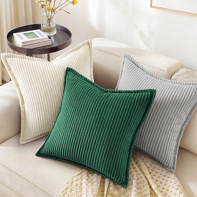 decorUhome Christmas Corduroy Green Throw Pillow Covers 18x18 Set of 2 Decorative Soft Boho Farmhouse Euro Couch Pillow Covers for Living Room Bed Sofa Broadside Striped Pillow Cases