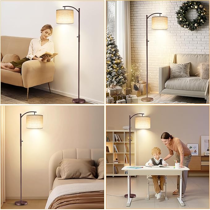 Dimmable Floor Lamp, Arc Floor Lamps for Living Room, Stepless Dimming Modern Standing Lamp with Linen Shade, Tall Lamp for Bedroom Office Dining Room- Brown