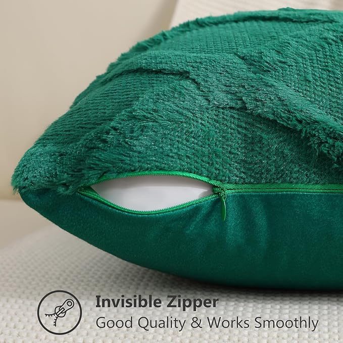 decorUhome Christmas Throw Pillow Covers 18x18 Inch Set of 2, Soft Plush Faux Fur Wool Green Couch Pillow Covers, Decorative Neutral Pillow Cases for Bed Sofa Living Room Home Decor