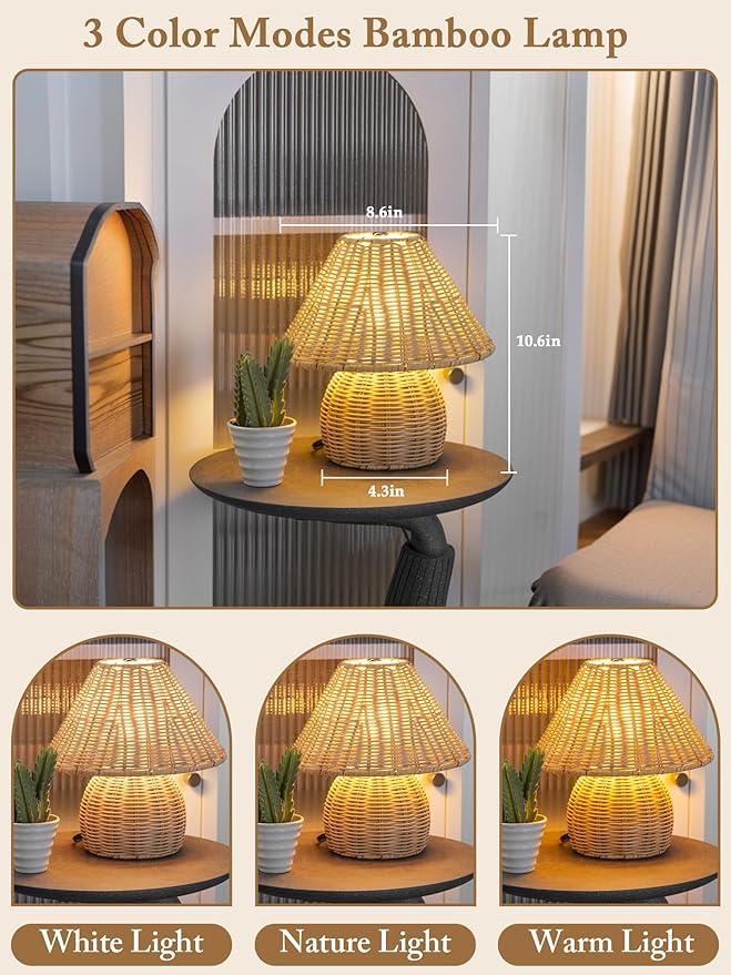 Mini Boho Lamp Rattan Lamps,3 Colors Modes Vintage Wicker Light,Small Table Lights for Bedroom Living Room Home Office Art Decor,7W E26 Bulb Included