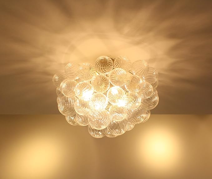 Longree Bubble Ball Semi Flush Mounting Ceiling Light Fixtures, Dia 20 inch Gold and Clear Blown Glass Small Swirled Glass Chandelier for Bedroom Study Bathroom Dining Room