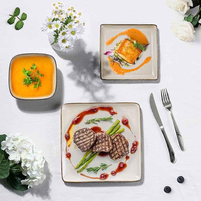 Herogo Stoneware Plates and Bowls Sets for 4, 12 Pieces Modern Square Dinnerware, Reactive Glaze Dishes Set for Kitchen, Chip Resistant, Microwave & Dishwasher Safe, Cream Khaki