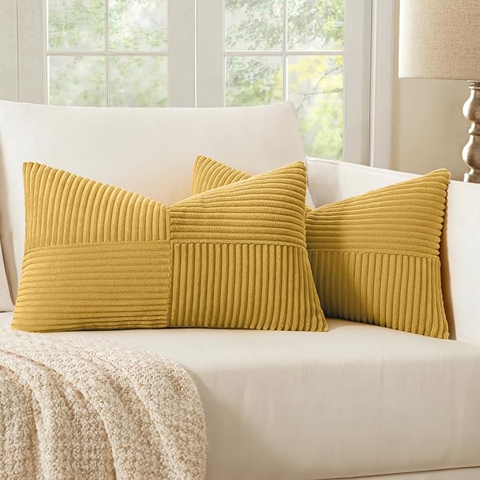 MIULEE Gold Corduroy Pillow Covers Pack of 2 Boho Decorative Spliced Throw Pillow Covers Soft Solid Couch Pillowcases Cross Patchwork Textured Cushion Covers for Living Room Bed Sofa 12x20 inch