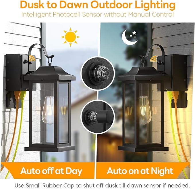 17 Inch Dusk to Dawn Outdoor Lighting with GFCI Outlet, Large Porch Light Lantern Plug Outlet Modern Black Outdoor Sconce Lighting, IP65 Waterproof Outside Light Wall Mounted Coach Light