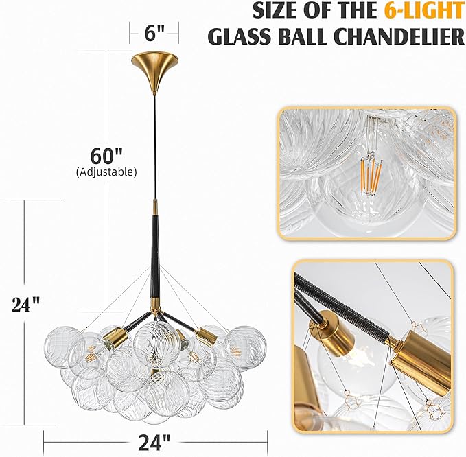 Longree Modern Bubble Ball Swirled Glass Chandelier, 24 inch Black and Gold Swirled Blown Glass Globe Cluster Ceiling Lights Fixture for Bedroom Study Restaurant