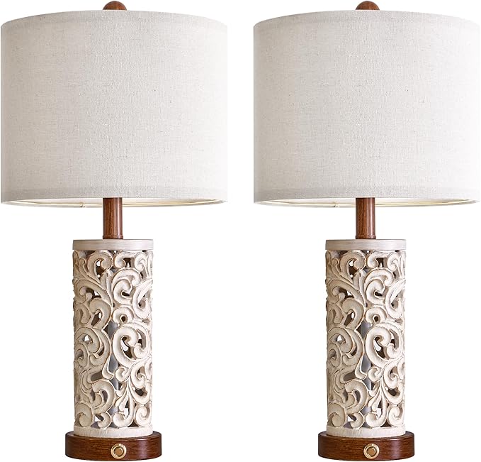22" Dual Light Table Lamps Set of 2 for Living Room, Touch Lamp with 3-Level Dimming, USB A+C Table Lamp for Bedroom, Farmhouse Lamps for Night Stands(Brown, Bulb Included)