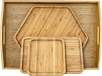 Bamboo Serving Trays 16.5"x11.8"（42x30cm with Handle, Set Includes 1xHexagon 12.5"(32cm)+1xRectangle 9.8"(25cm)*5.9"(15cm)+1xSquare 5.9"(15cm) Dinner Plates Cheese Cutting Board