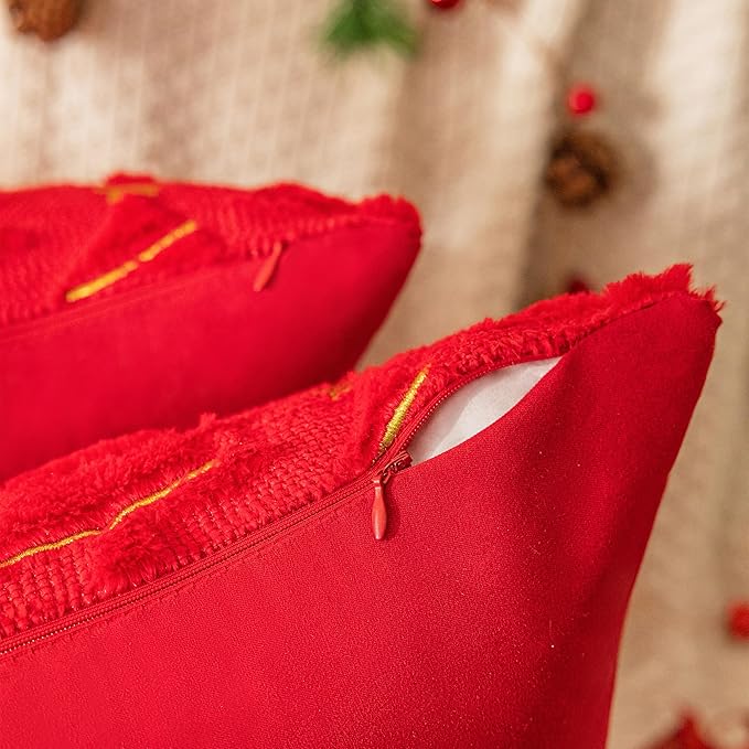 AQOTHES Christmas Tree Decorative Red Throw Pillow Covers 20x20 Set of 2, Faux Fur Farmhouse Throw Pillows Cushion Cases for Xmas Winter Holiday Home Decor