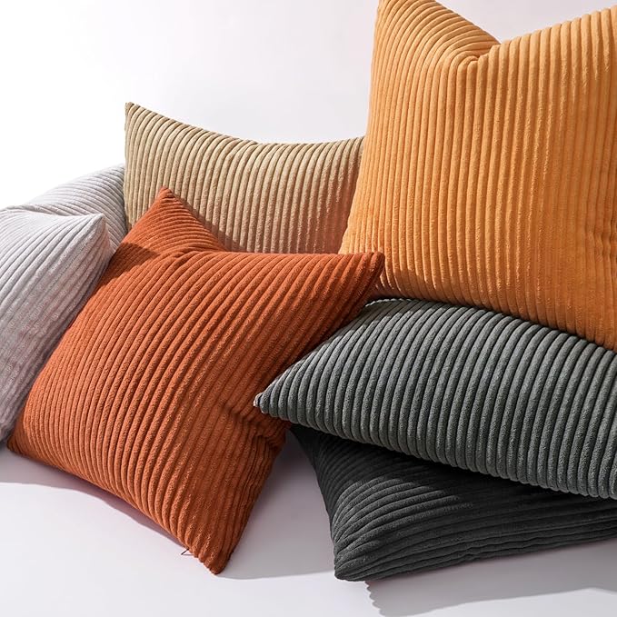 MIULEE Pack of 2 Burnt Orange Pillow Covers 18x18 Inch Soft Boho Striped Corduroy Throw Pillow Covers Set Decorative Square Cushion Cases Pillowcases for Sofa Bedroom Couch