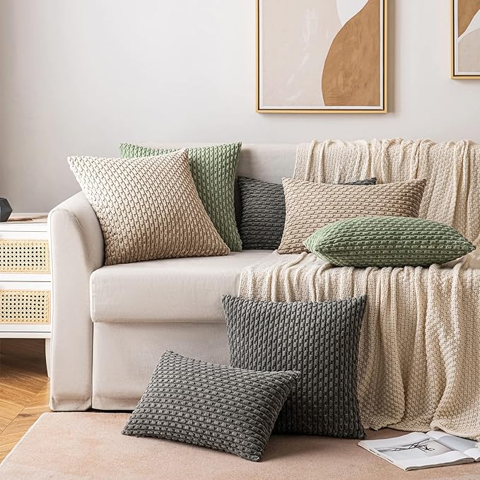 MIULEE Pack of 2 Decorative Lumbar Throw Pillow Covers 12x20 Inch Soft Boho Striped Textured Corduroy Pillow Covers Modern Farmhouse Home Decor for Couch Bed Sofa Living Room Neutral Tan