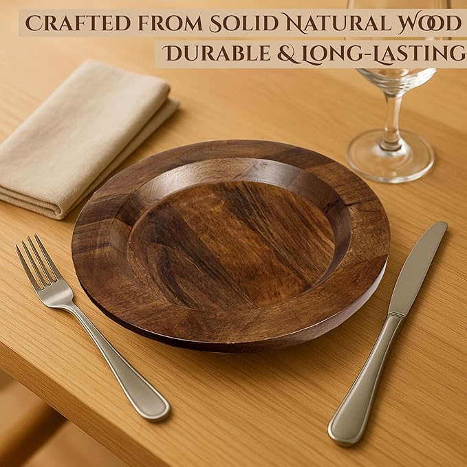 CLEENTABLE Wooden Dinner Plates Set of 2-13" Serving Dinner Plate Chargers for Weddings, Parties, Rustic Table Decor, Indoor Outdoor Dining - Lightweight Round Appetizer Plates (Walnut)