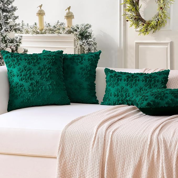 OTOSTAR Set of 2 Xmas Soft Plush Short Wool Velvet Decorative Throw Pillow Covers Square Luxury Style Cushion Case Pillow Shell for Sofa Bedroom Snowflake Green, 28x28 Inch