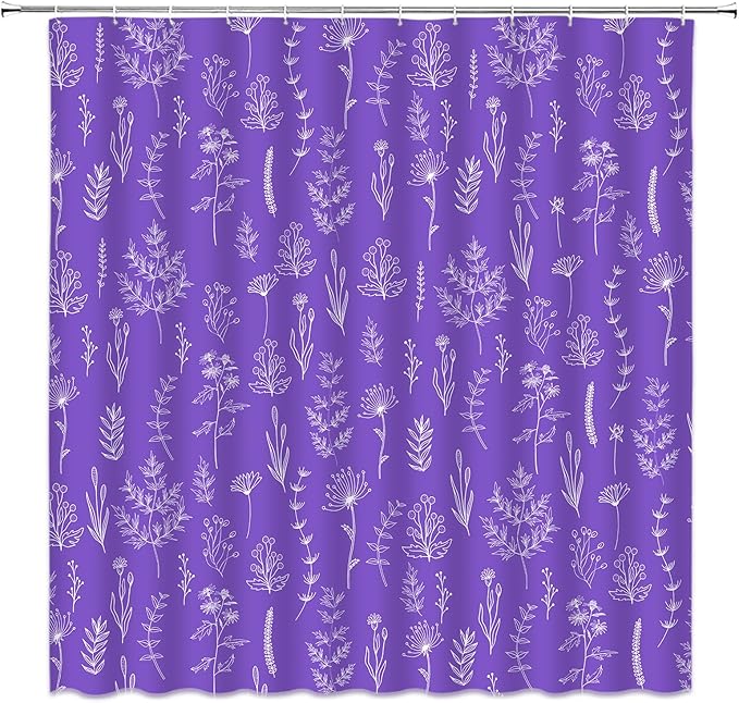 Purple Herbs Shower Curtain Boho Floral Lavender Retro Botanical Vintage Farmhouse Cute Leaves Plant Flowers Bathroom Curtain Set with Hooks(70" Wx78 H)