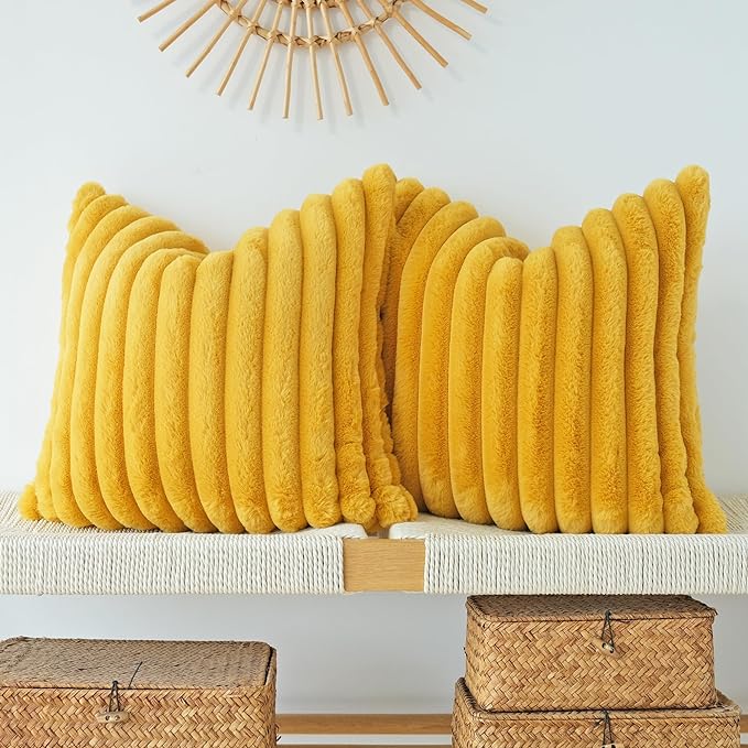 JOJUSIS Pack of 2 Faux Fur Plush Decorative Throw Pillow Covers Couch Cushion Case Soft Pillowcases (Mustard Yellow, 24 x 24-Inch)