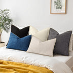 decorUhome Decorative Outdoor Throw Pillow Covers 12x20 Set of 2, Lumbar Linen Rustic Neutral Farmhouse Euro Pillow Covers with Stitched Edge for Couch, Sofa, Living Room, Dark Blue