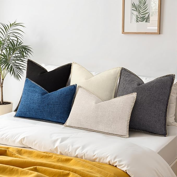 decorUhome Decorative Outdoor Throw Pillow Covers 12x20 Set of 2, Lumbar Linen Rustic Neutral Farmhouse Euro Pillow Covers with Stitched Edge for Couch, Sofa, Living Room, Dark Blue