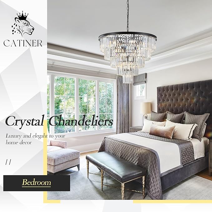 Large Black Crystal Chandeliers 30” Modern Chandelier for High Ceiling Foyer 5 Tiers 16 Lights Contemporary K9 Ceiling Pendant Light Fixture for Staircase Dining Room Bedroom