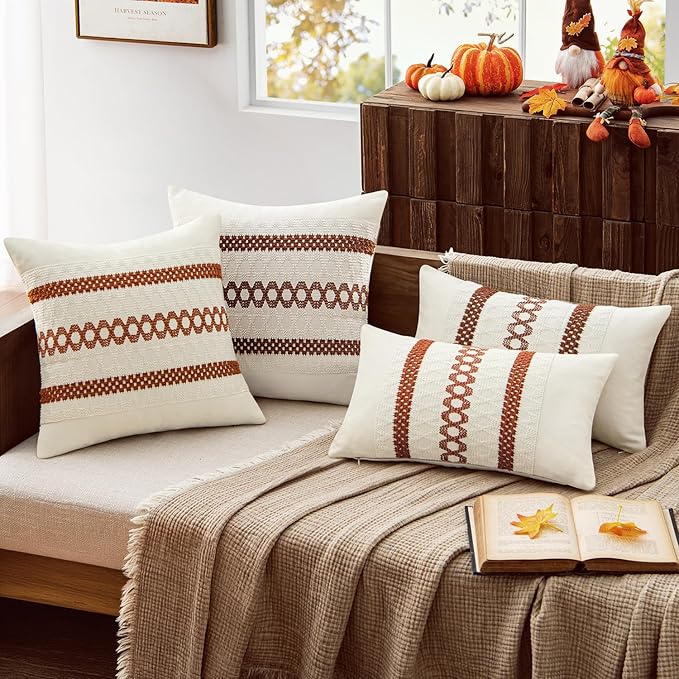 MIULEE Set of 2 Rust Fall Decorative Lumbar Pillow Covers 12x20 Inch Farmhouse Rustic Boho Couch Throw Pillows Modern Cotton Cushion Covers Retro Cute Macrame Woven Home Decor for Bed Sofa Chair
