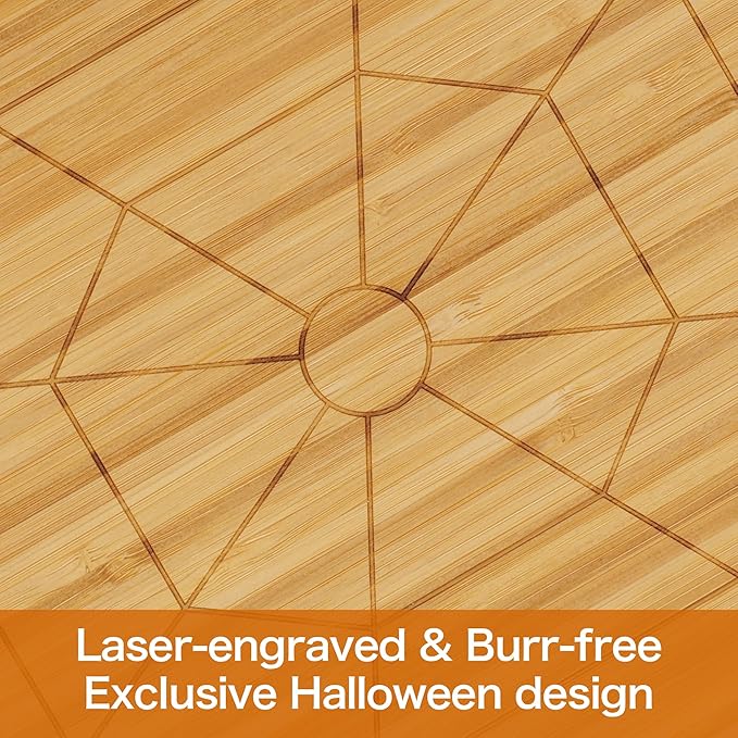 WILLKOMMEN Halloween Charcuterie Board, Spider Web Shaped Serving Tray, Bamboo Serving Platter 10" x 9" for Party Child Spooky Cheese Plate Appetizer Board for Snacks, Candy, Cookies
