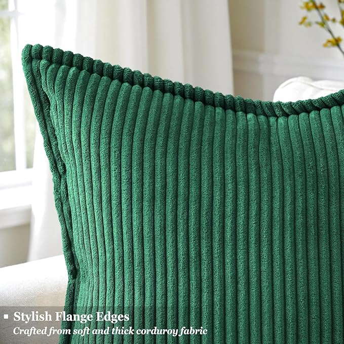 decorUhome Christmas Corduroy Green Throw Pillow Covers 12x20 Set of 2 Decorative Soft Boho Farmhouse Lumbar Euro Couch Pillow Covers for Living Room Bed Sofa Broadside Striped Pillow Cases