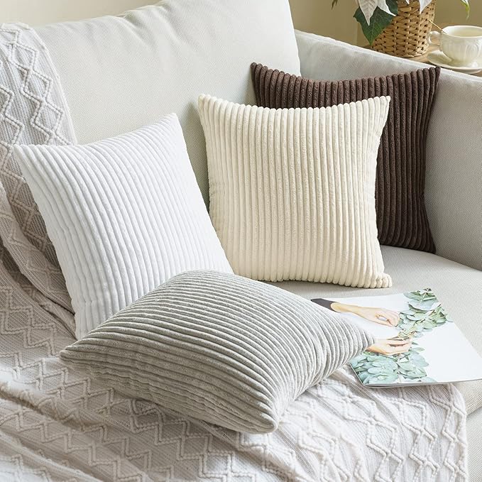 MIULEE Winter Pack of 2 Corduroy Soft Soild Decorative Square Throw Pillow Covers Set Cushion Cases Pillowcases for Sofa Bedroom Couch 18 x 18 Inch Pure White