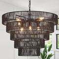 25.6" Large Black Rattan Chandelier Farmhouse 8-Lights Boho Hand Woven Bamboo Black Chandeliers Light Fixture Rustic Drum Wicker Chandelier for Dining Room, Kitchen, Living Room, Bedroom, E12