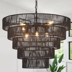 25.6" Large Black Rattan Chandelier Farmhouse 8-Lights Boho Hand Woven Bamboo Black Chandeliers Light Fixture Rustic Drum Wicker Chandelier for Dining Room, Kitchen, Living Room, Bedroom, E12