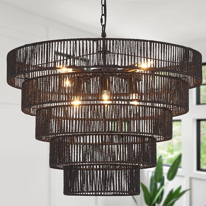 25.6" Large Black Rattan Chandelier Farmhouse 8-Lights Boho Hand Woven Bamboo Black Chandeliers Light Fixture Rustic Drum Wicker Chandelier for Dining Room, Kitchen, Living Room, Bedroom, E12