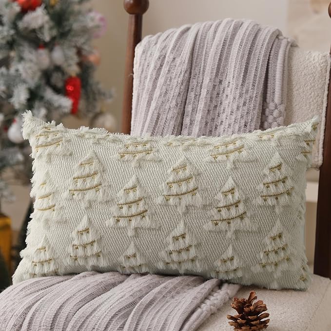 Christmas Pillow Covers 12x20 inch Set of 2 Soft Plush Christmas Decor Cream White Xmax Tree Yellow Colored Lights Decoration Throw Pillow Case for Winter Holiday Sofa Living Room PT003D12