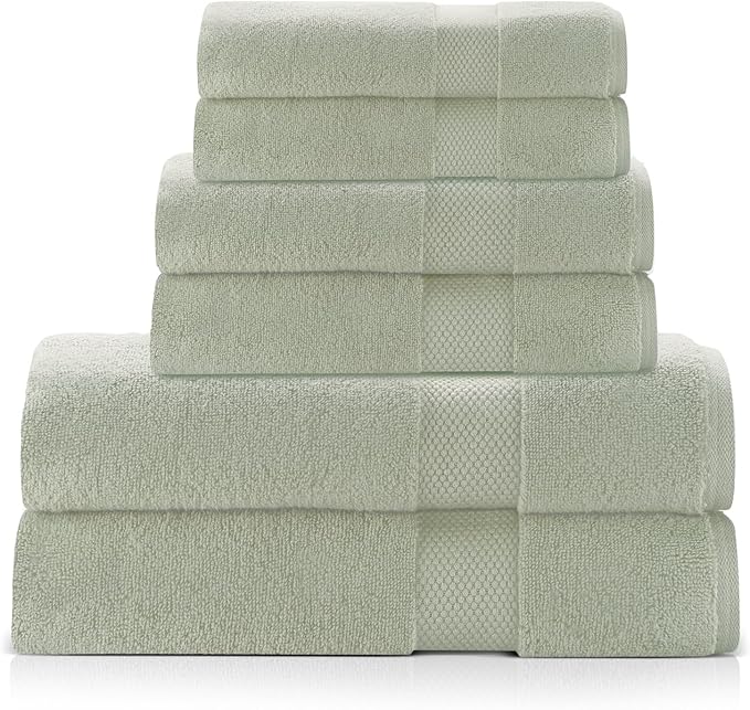 Premium Staple Cotton Bathroom Towel Set - Sage Green 600 GSM 6-Piece Luxury Bath Towel Set 1 Stripe - 2 Bath Towels, 2 Hand Towels & 2 Washclothes Set - High Absorbent & Quick Dry for Gym, Spa, Hotel