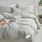 MooMee Striped Duvet Cover Set 100% Washed Cotton Linen Like Textured Breathable Durable Soft Comfy (Sage Green White Wide Stripes, Alaska King 132"x120")