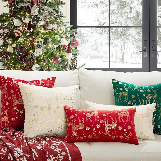 Topfinel Christmas Pillow Covers 24x24 Set of 2,Xmas Cream Velvet Snowflake Reindeer Decorative Pillow Case Winter Holiday Decor for Home Couch,White and Gold