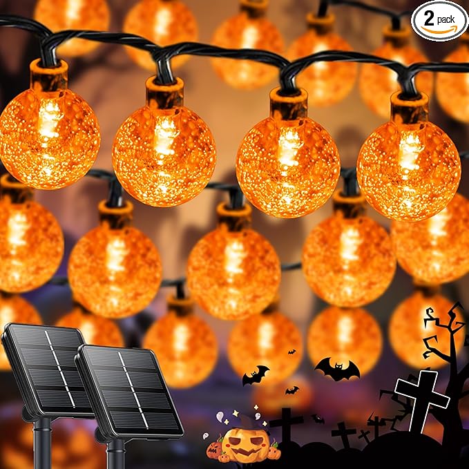 LORRYTE 2-Pack 100 LED Orange Solar Halloween Lights Outdoor - 64FT Waterproof Solar Globe String Lights with 8 Lighting Modes, Solar Outdoor Halloween Decorations for Tree Garden Patio Party