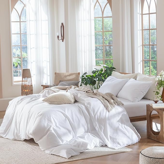 MooMee Bedding Duvet Cover Set 100% Washed Cotton Linen Like Textured Breathable Durable Soft Comfy (Solid Bright White, Super King 108"x98")