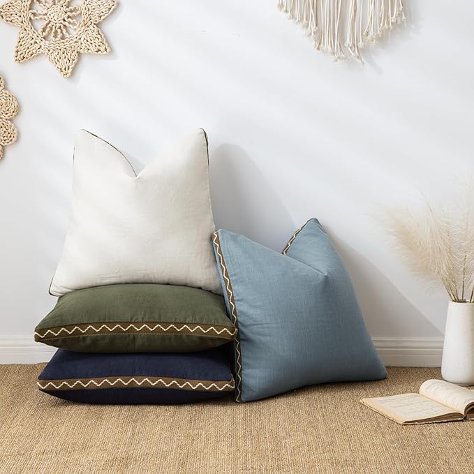 Olive Green Linen Cotton Throw Pillow Covers 18x18 Inch Set of 2, Modern Boho Aesthetic Accent Pillow Cases with Woven Flange for Couch Sofa Bed Room Earthy Tone Home Decor