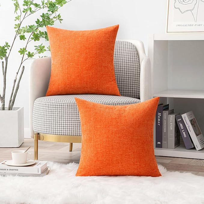 MIULEE Fall Pack of 2 Bright Orange Throw Pillow Covers 16x16 Inch Soft Chenille Pillow Covers for Sofa Living Room Couch Solid Dyed Cases
